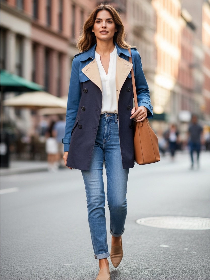Coach Two Toned Double Breasted Navy Cerulean Blue Short Timeless Trench Coat